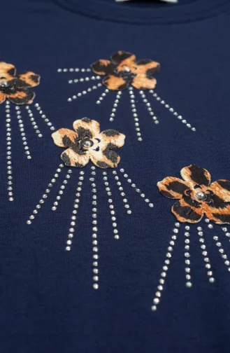 Ensemble Deux Pièces Avec Broderie Florale Et Strass 0255-03 Bleu Marine. 0255-03