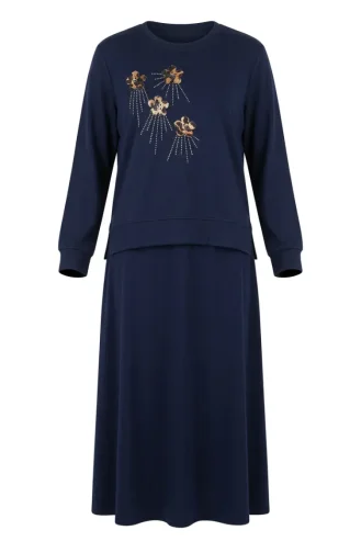 Ensemble Deux Pièces Avec Broderie Florale Et Strass 0255-03 Bleu Marine. 0255-03