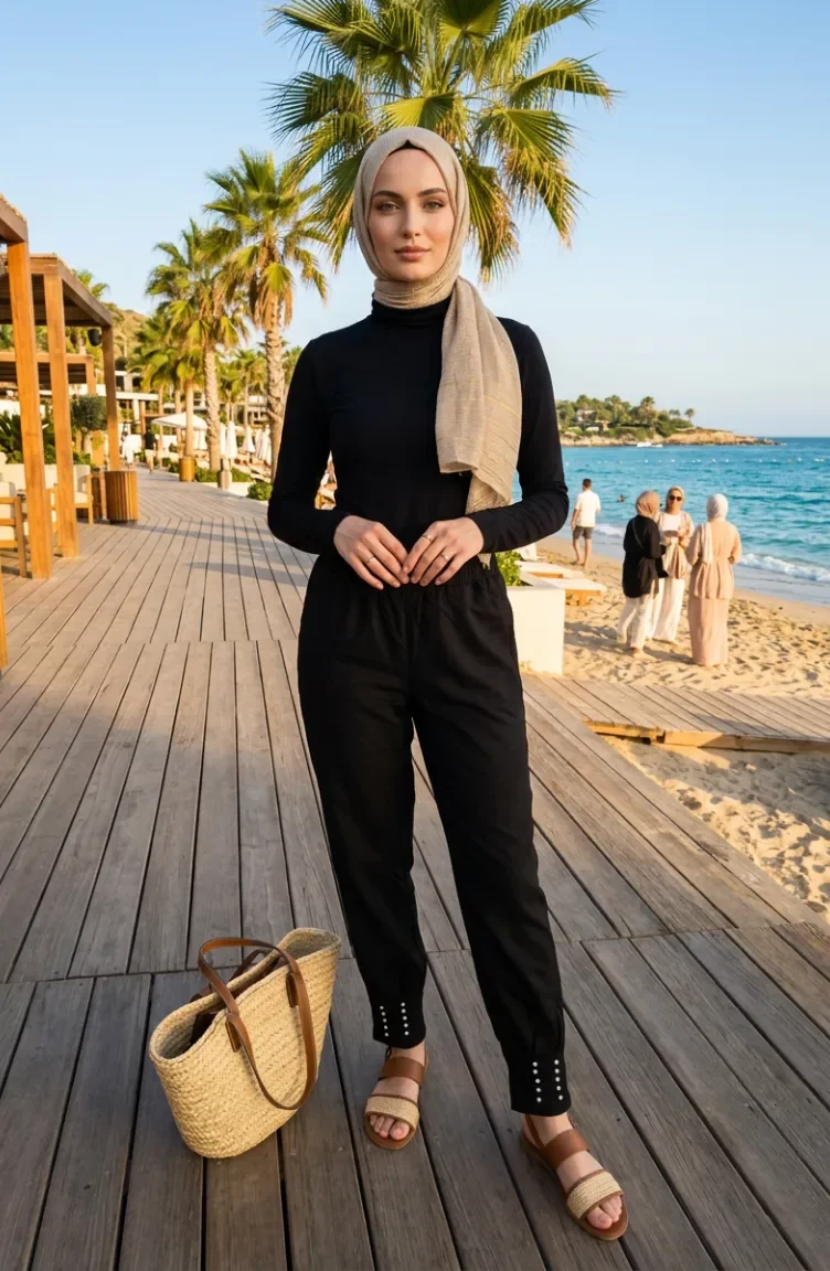 Pantalon Noir à Taille élastique Orné De Pierres 71101-01 71101-01