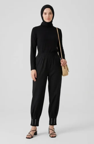 Pantalon Noir à Taille élastique Orné De Pierres 71101-01 71101-01