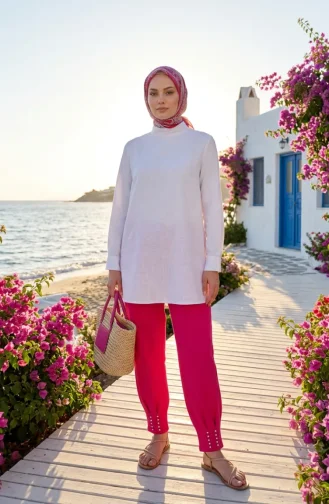 Elastic Waist Stone Embellished Trousers 71101-02 Fuchsia 71101-02