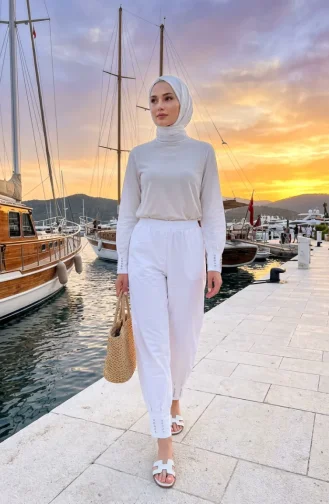 Elastic Waist Stone Embellished Trousers 71101-03 White 71101-03