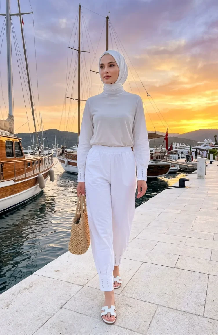 Elastic Waist Stone Embellished Trousers 71101-03 White 71101-03