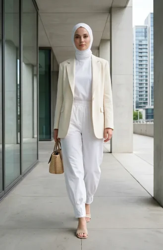 Elastic Waist Stone Embellished Trousers 71101-03 White 71101-03