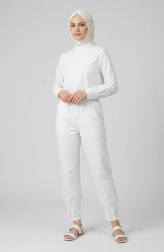 Elastic Waist Stone Embellished Trousers 71101-03 White 71101-03