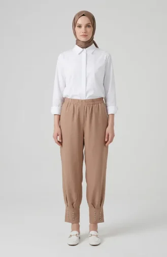 Pantalon Beige à Taille élastique Et Orné De Pierres 71101-04 71101-04