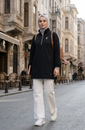 Dik Yaka Kapitone Sweatshirt 71227-01 Siyah