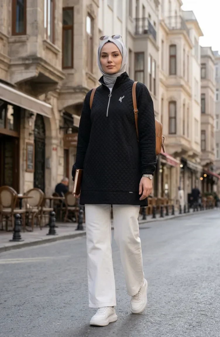 Dik Yaka Kapitone Sweatshirt 71227-01 Siyah