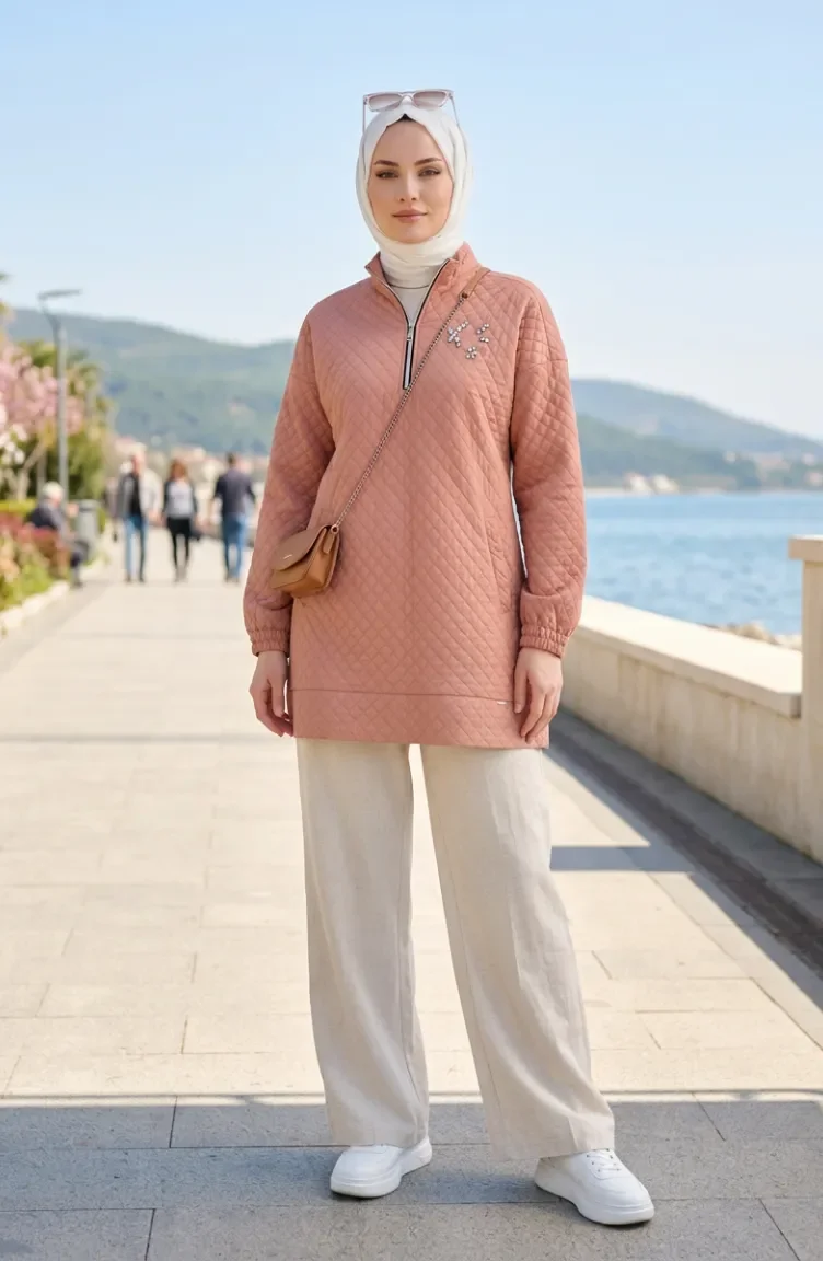 Dik Yaka Kapitone Sweatshirt 71227-03 Bej