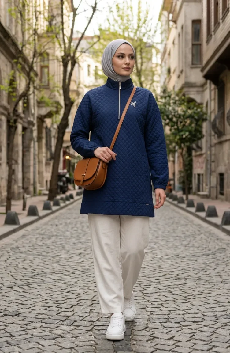 Dik Yaka Kapitone Sweatshirt 71227-04 İndigo
