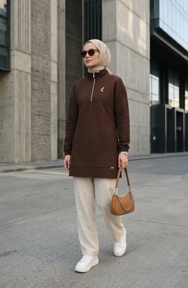 Dik Yaka Kapitone Sweatshirt 71227-05 Kahverengi