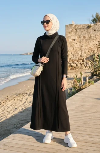 Sportkleid In Großen Größen Mit Paspelierung 12027-01 Schwarz 12027-01