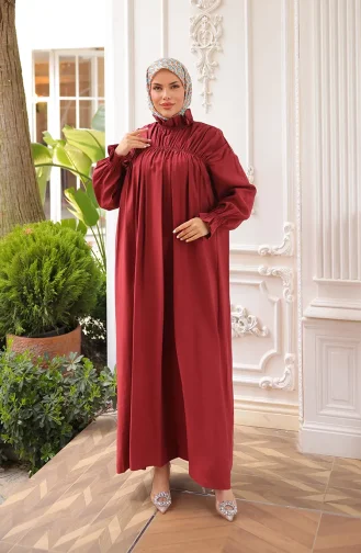 Hakim Yaka Büzgülü Elbise 71270-05 Bordo