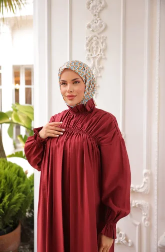 Hakim Yaka Büzgülü Elbise 71270-05 Bordo
