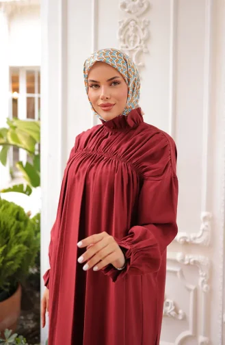 Hakim Yaka Büzgülü Elbise 71270-05 Bordo