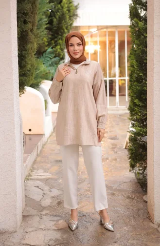 Tuniek Met Ritssluiting En Steendetails 71245-02 Beige 71245-02