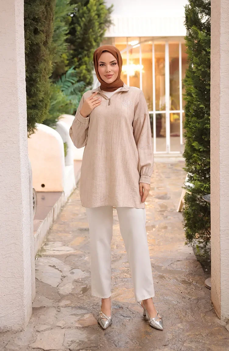 Tuniek Met Ritssluiting En Steendetails 71245-02 Beige 71245-02
