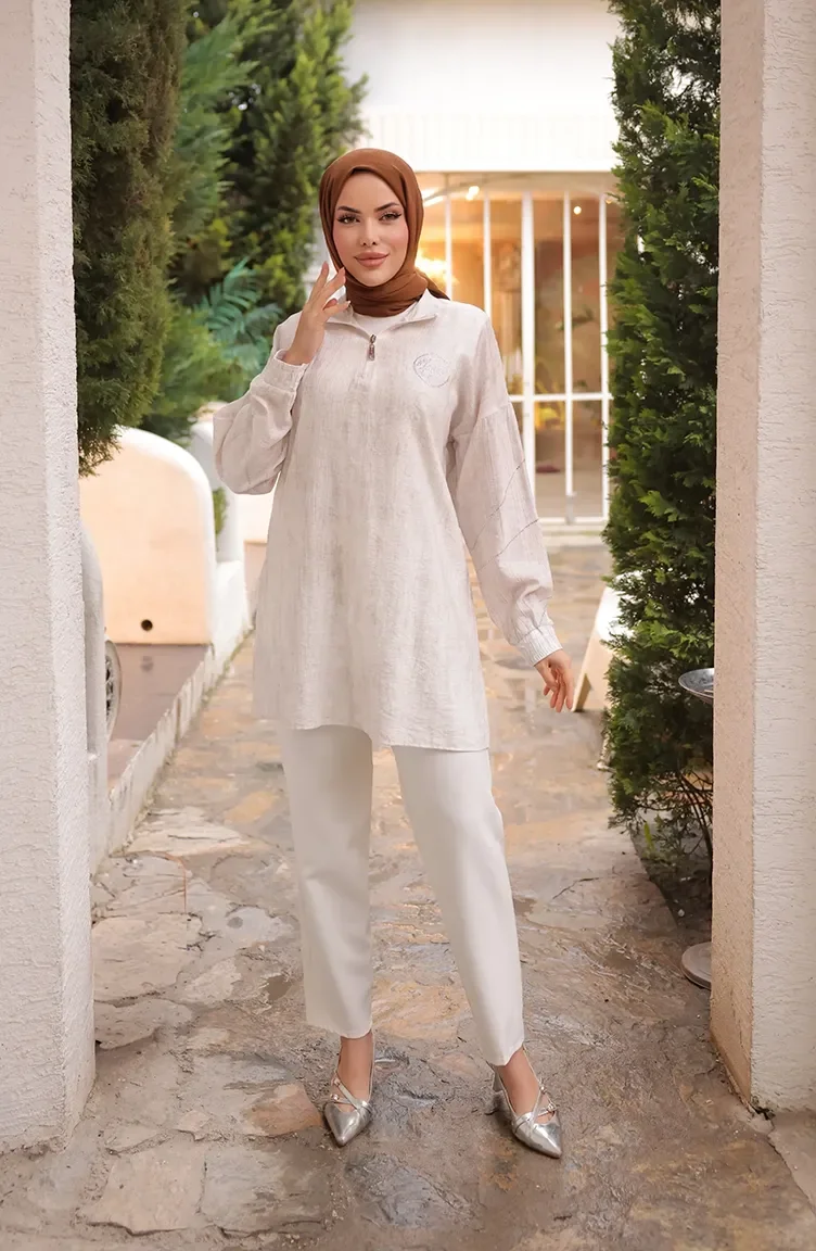 Taş Detaylı Fermuarlı Tunik 71245-03 Krem