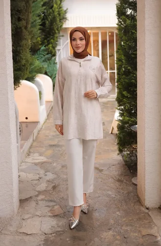 Taş Detaylı Fermuarlı Tunik 71245-03 Krem