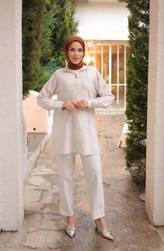 Taş Detaylı Fermuarlı Tunik 71245-03 Krem