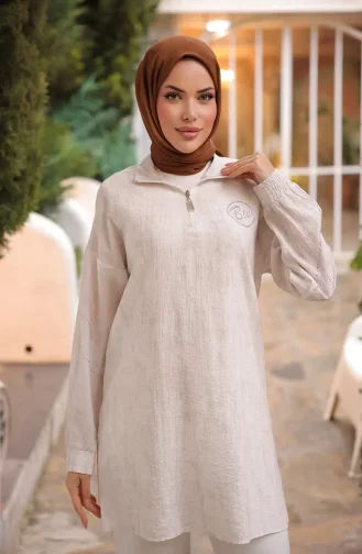 Taş Detaylı Fermuarlı Tunik 71245-03 Krem