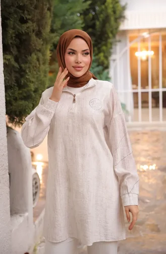 Taş Detaylı Fermuarlı Tunik 71245-03 Krem
