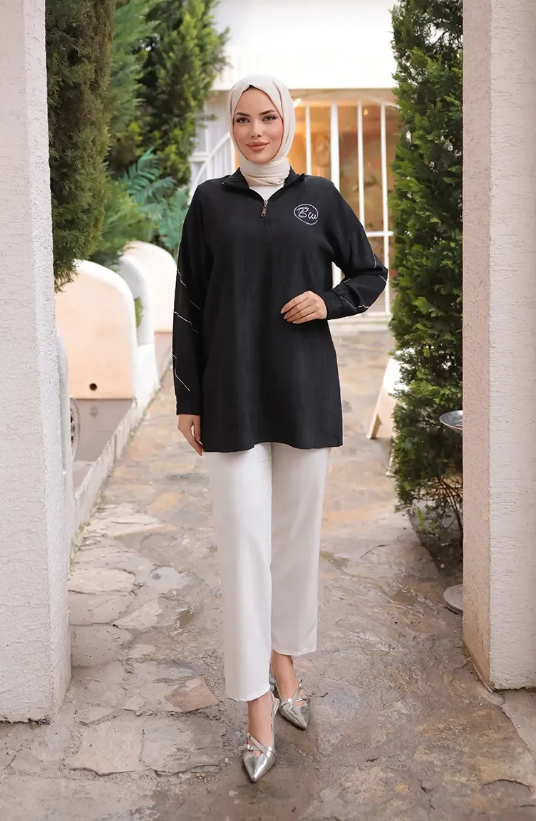Stone Detail Zippered Tunic 71245-04 Black 71245-04