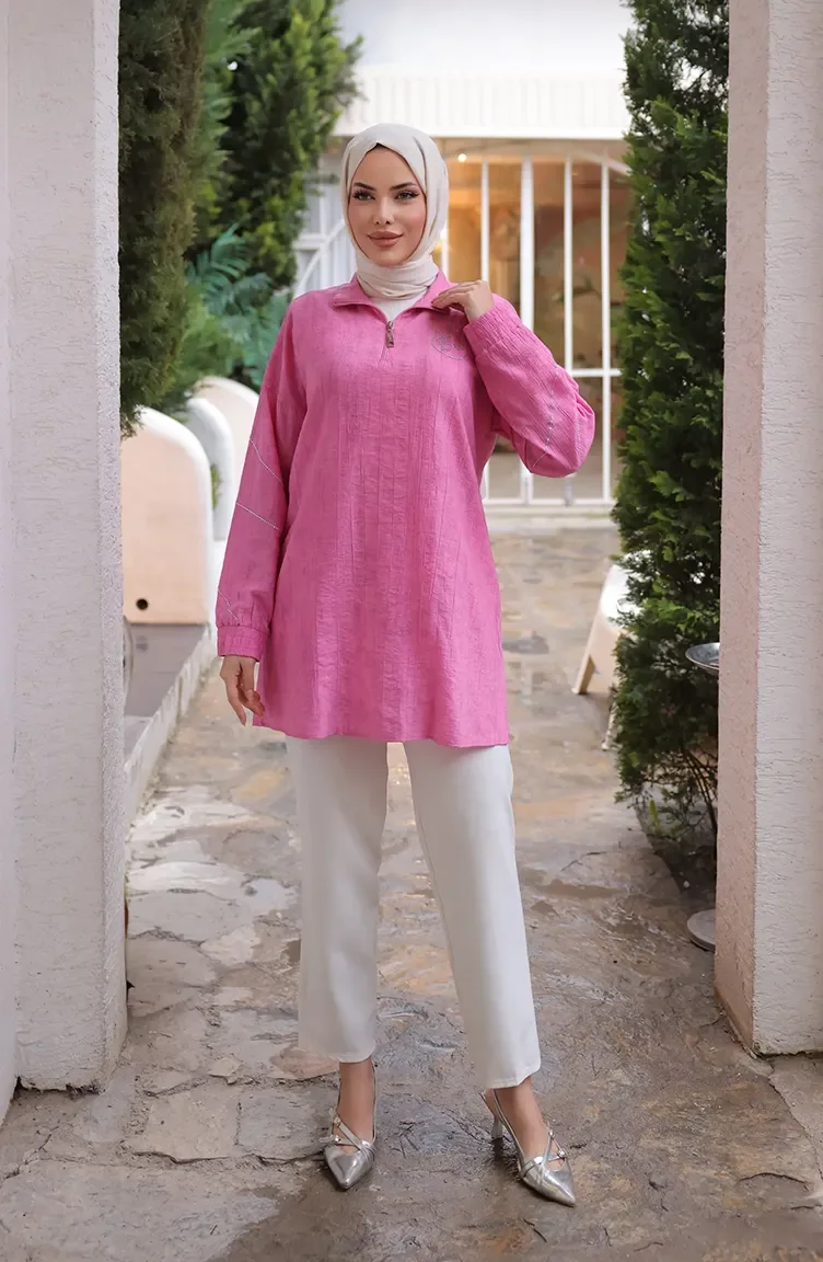 Tunique Zippée à Détails En Pierre 71245-05 Fuchsia 71245-05