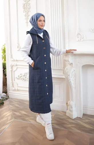 Gilet Matelassé Boutonné Avec Détail Chaîne 71195-05 Bleu Marine 71195-05