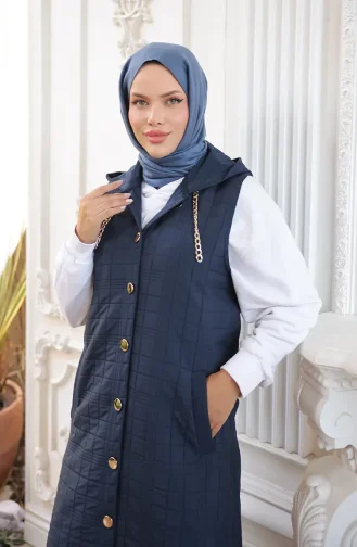 Gilet Matelassé Boutonné Avec Détail Chaîne 71195-05 Bleu Marine 71195-05
