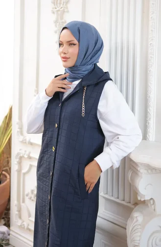 Gilet Matelassé Boutonné Avec Détail Chaîne 71195-05 Bleu Marine 71195-05