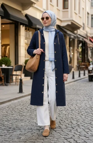 Hooded Quilted Coat With Chain Detail 12036-01 Navy Blue 12036-01