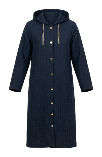 Hooded Quilted Coat With Chain Detail 12036-01 Navy Blue 12036-01