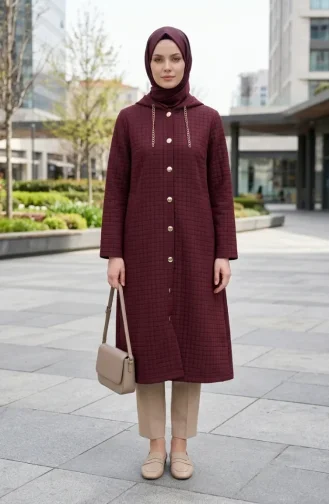 Hooded Quilted Coat With Chain Detail 12036-02 Burgundy 12036-02