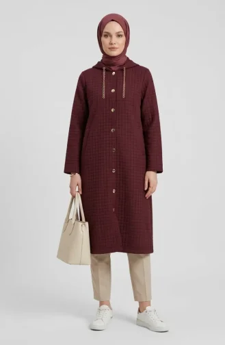 Hooded Quilted Coat With Chain Detail 12036-02 Burgundy 12036-02
