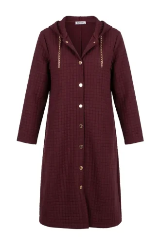 Hooded Quilted Coat With Chain Detail 12036-02 Burgundy 12036-02