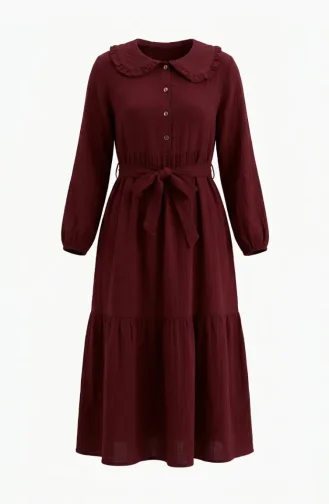 Kleid Aus Musselinstoff Mit Rüschenkragen Und Gürtel 0253-06 Burgunderrot 0253-06