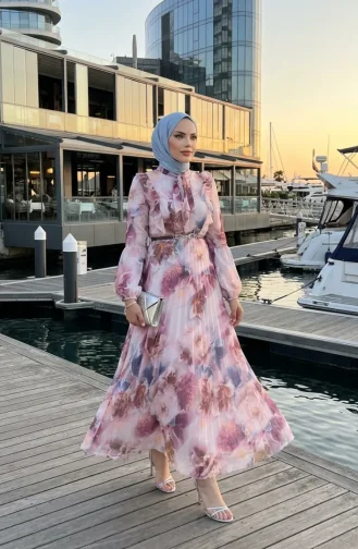 Floral Patterned Chiffon Dress 50001-01 Plum 50001-01