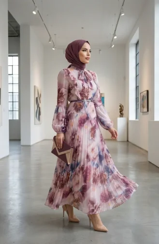 Floral Patterned Chiffon Dress 50001-01 Plum 50001-01