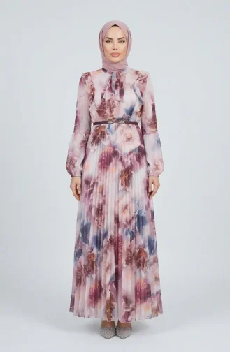 Floral Patterned Chiffon Dress 50001-01 Plum 50001-01