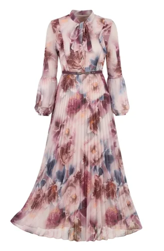 Floral Patterned Chiffon Dress 50001-01 Plum 50001-01