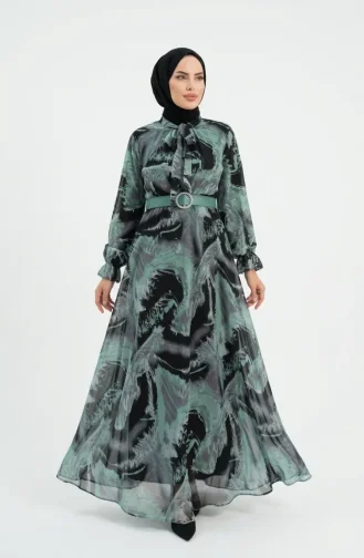 Gemustertes Chiffonkleid Mit Gürtel 50005-01 Salbeigrün 50005-01