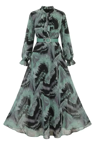 Gemustertes Chiffonkleid Mit Gürtel 50005-01 Salbeigrün 50005-01