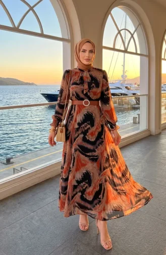 Gemustertes Chiffonkleid Mit Gürtel 50005-02 Terracotta 50005-02
