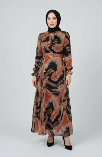 Gemustertes Chiffonkleid Mit Gürtel 50005-02 Terracotta 50005-02