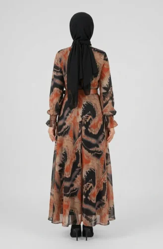 Gemustertes Chiffonkleid Mit Gürtel 50005-02 Terracotta 50005-02