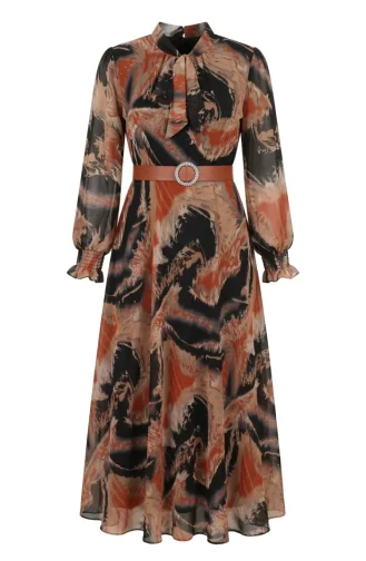 Gemustertes Chiffonkleid Mit Gürtel 50005-02 Terracotta 50005-02