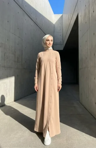 Pleated Buttoned Hijab Dress 71146-01 Beige 71146-01