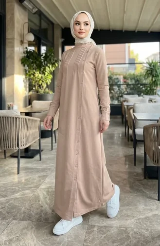 Pleated Buttoned Hijab Dress 71146-01 Beige 71146-01