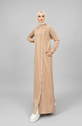 Pleated Buttoned Hijab Dress 71146-01 Beige 71146-01